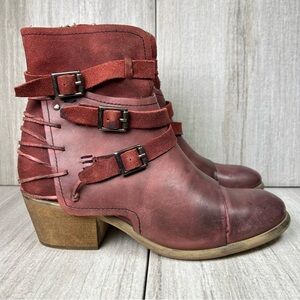 Roan Bed Stu Jag Bordo Rustic Burgundy Leather Heeled Ankle Bootie Womens Size 6